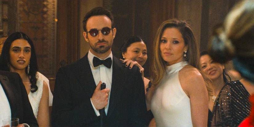 Matt Murdock (Charlie Cox) and Heather Glenn (Margarita Levieva) at the Black and White Ball in Daredevil: Born Again Season 1 Ep 8