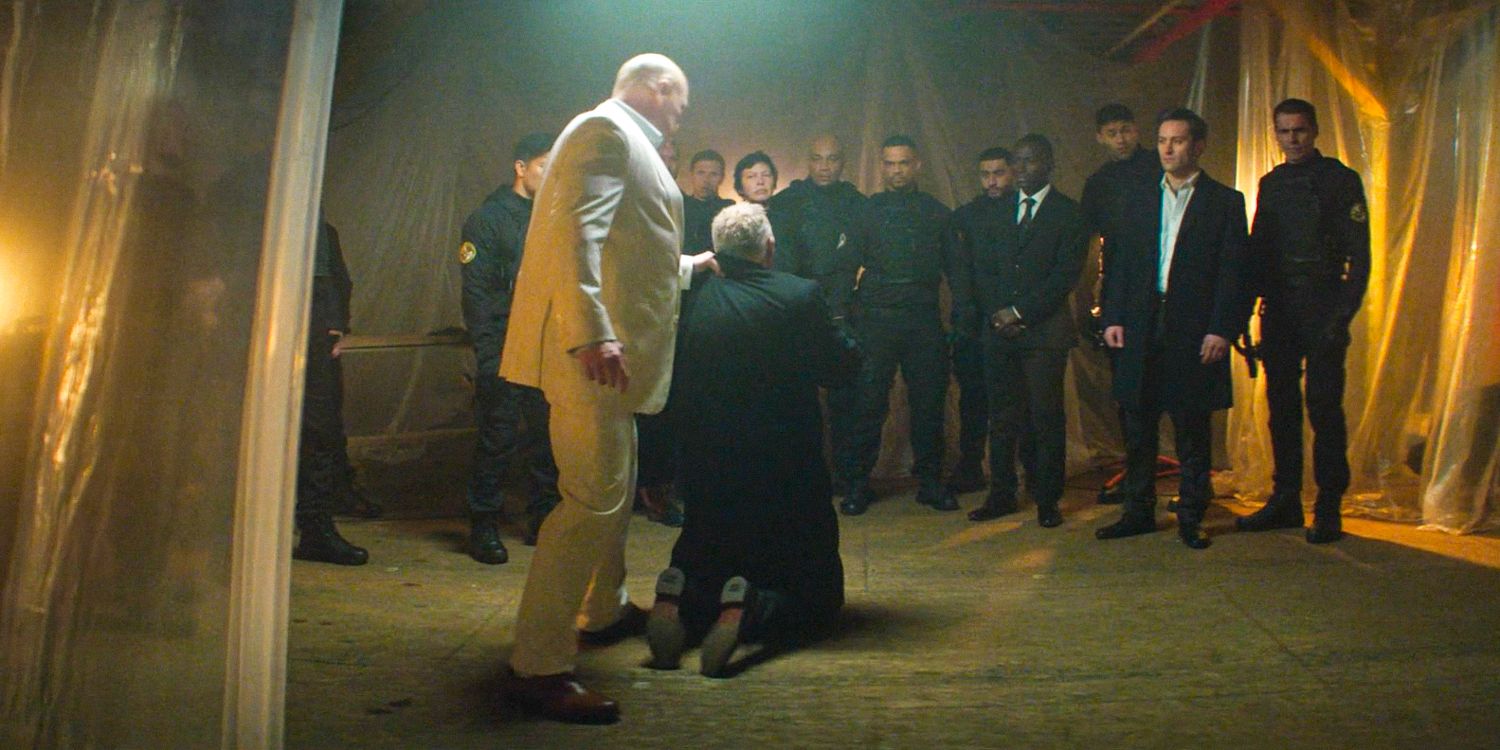 Wilson Fisk torturing Chief Gallo in front of the Anti-Vigilante Task Force in Daredevil: Born Again Season 1 Ep 9