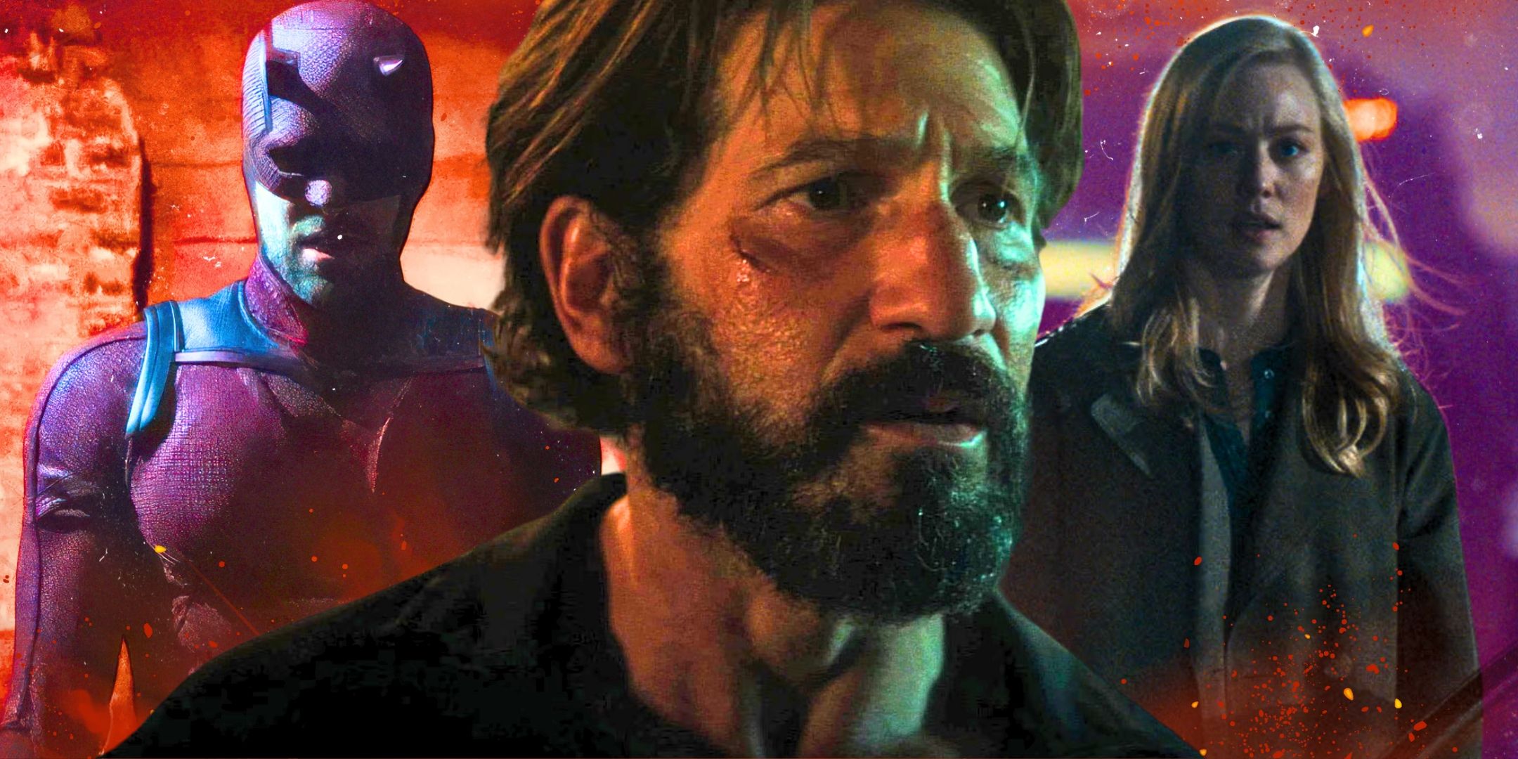 Montage of Jon Bernthal as Frank Castle in front, Charlie Cox as Daredevil on the left and Deborah Ann Woll as Karen Page on the right from Daredevil Born Again
