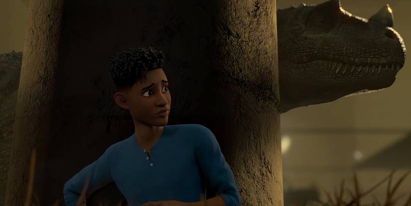 Darius hides from the Ceratosaurus in Jurassic World Chaos Theory season 3