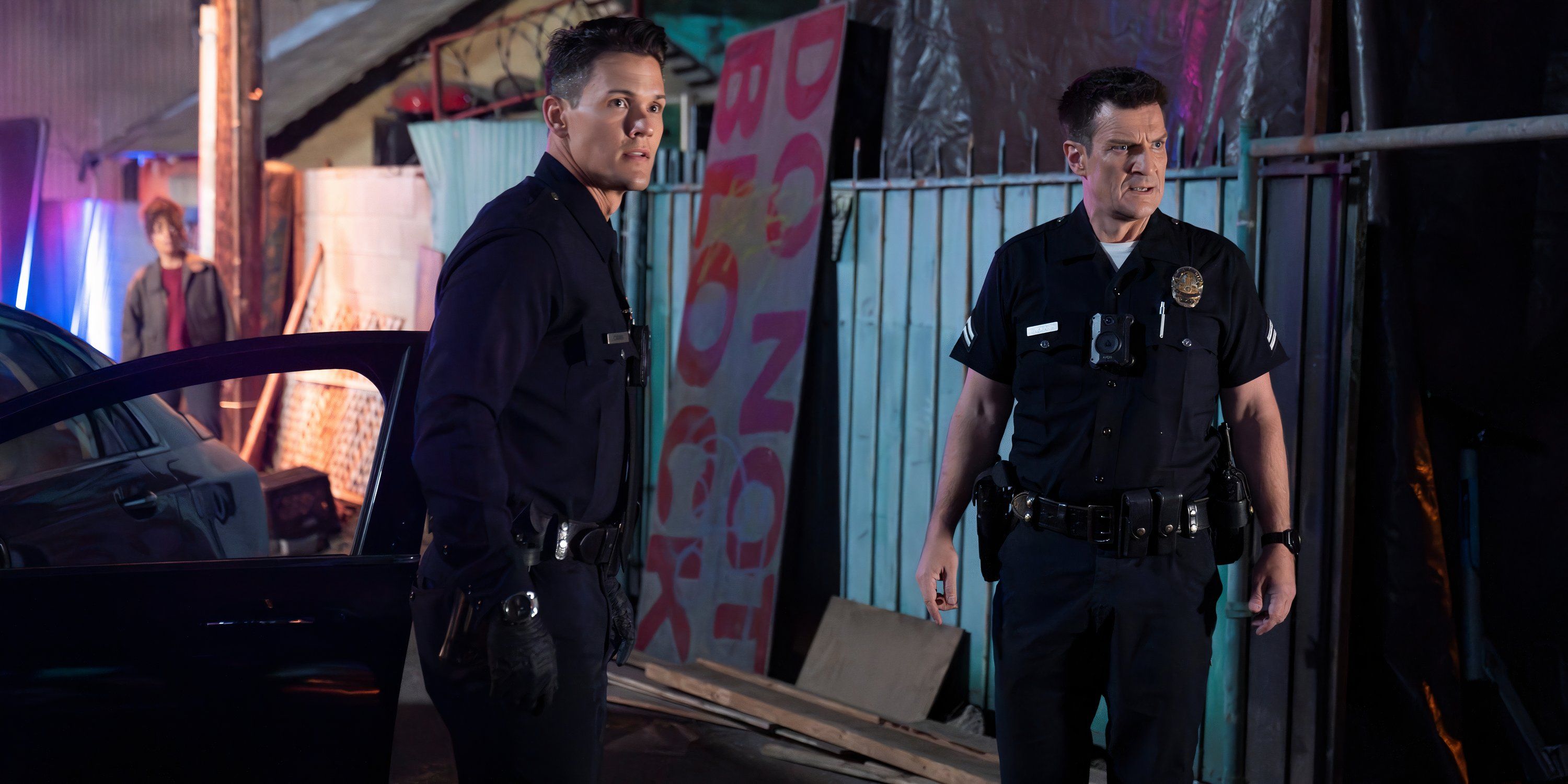 David Gridley as Connor Craig and Nathan Fillion as John Nolan in The Rookie season 7, episode 12