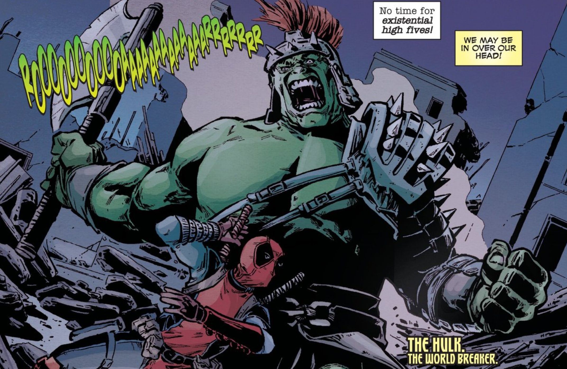 Deadpool is attacked by World-Breaker Hulk in Deadpool Kills the Marvel Universe One Last Time #1