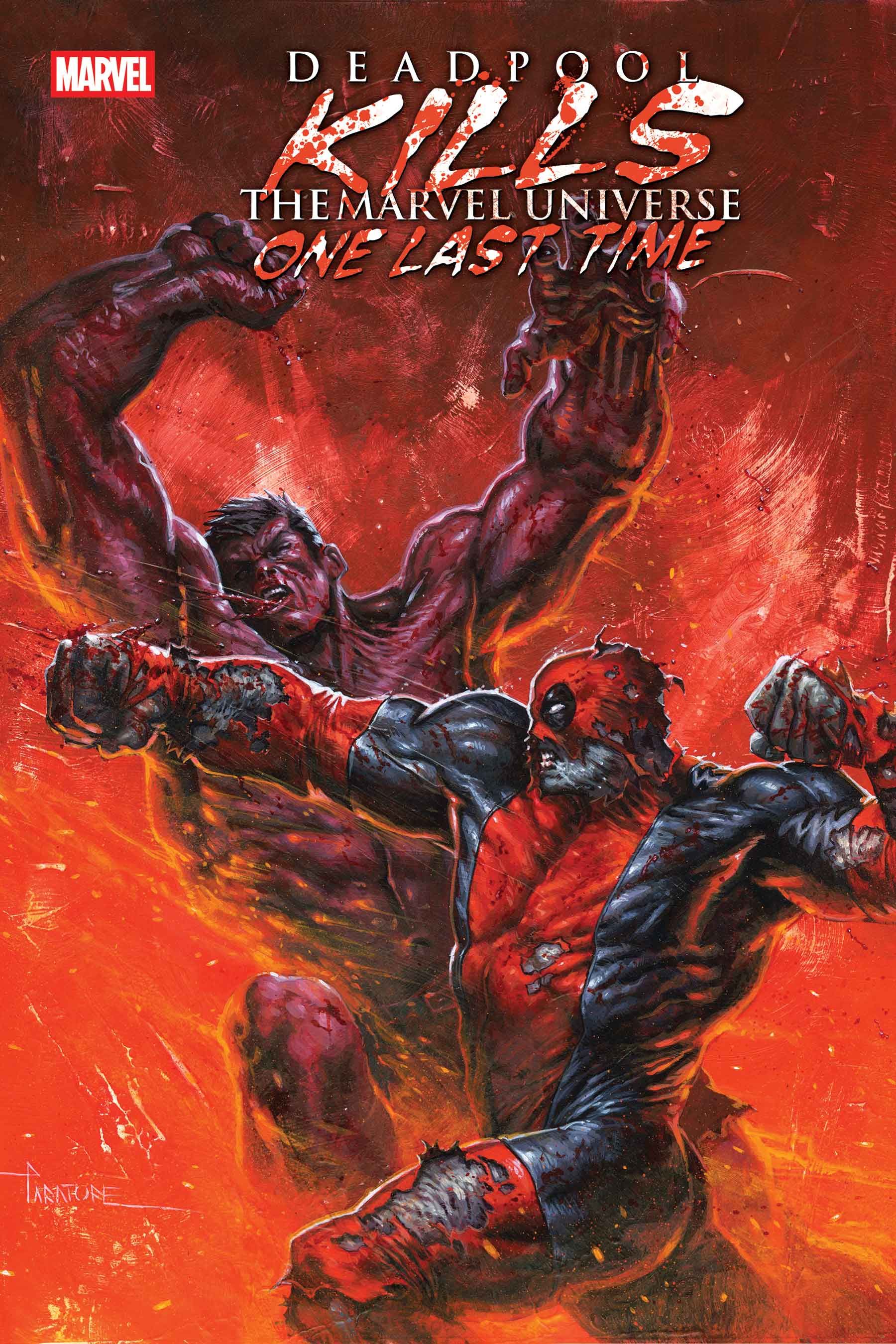 A Hulked out Deadpool punches Red Hulk against a red background.
