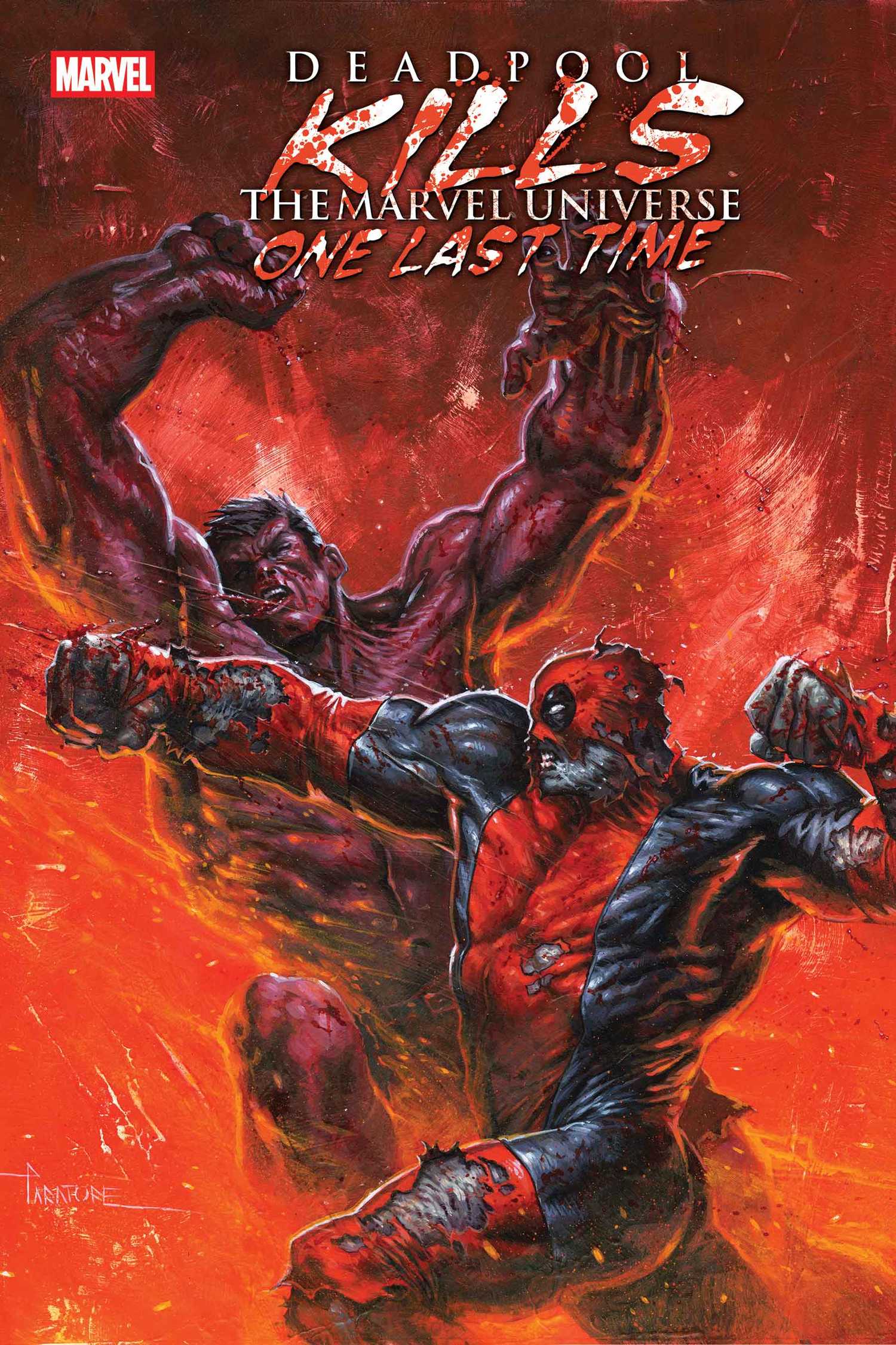 A Hulked out Deadpool punches Red Hulk against a red background.