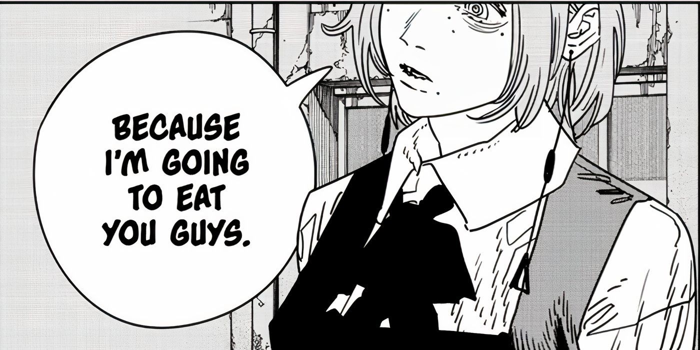 The Death Devil telling Fami and the Fake Chainsaw Man that she&rsquo;s going to eat them.