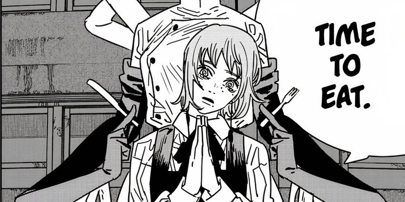 The Death Devil preparing to eat Fami and the Fake Chainsaw Man.