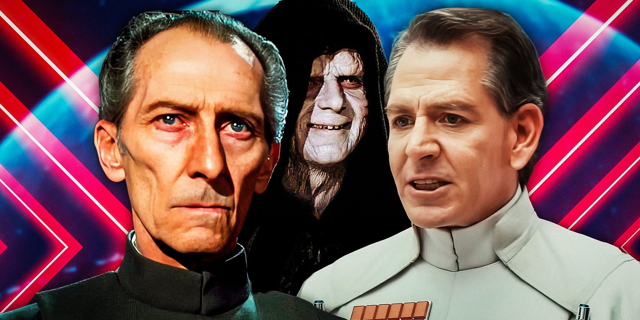 Tarkin to the left, Palpatine in the middle, and Krennic to the right in front of the Death Star