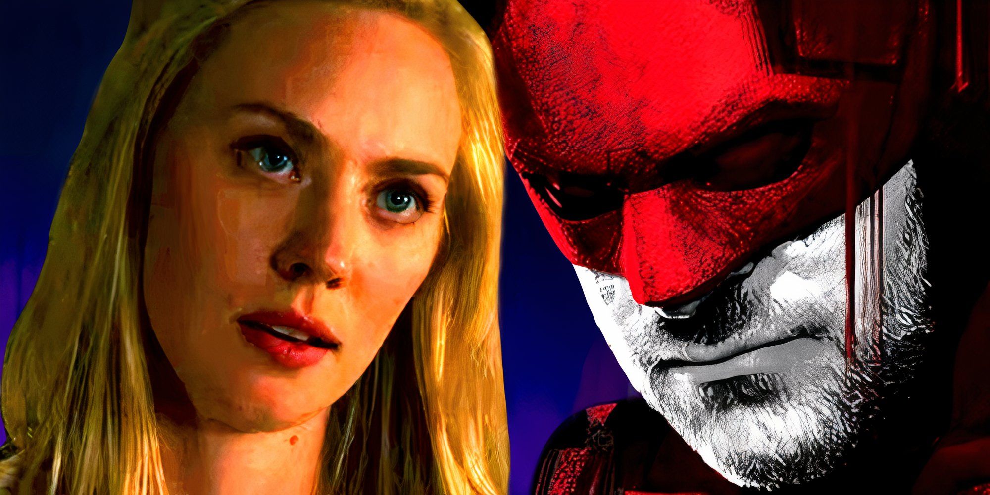 Deborah Ann Woll&rsquo;s Karen Page looks at Matt Murdock wearing his Daredevil cowl in Daredevil Born Again season 1