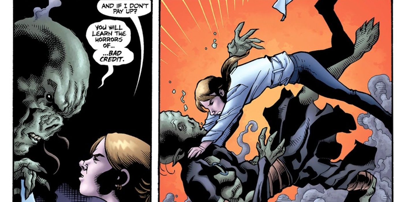 Debt Collector Demon warns Buffy Summers about bad credit if she doesn&rsquo;t pay her student loans, inspiring her to attack in Buffy the Vampire Slayer Season Nine #2