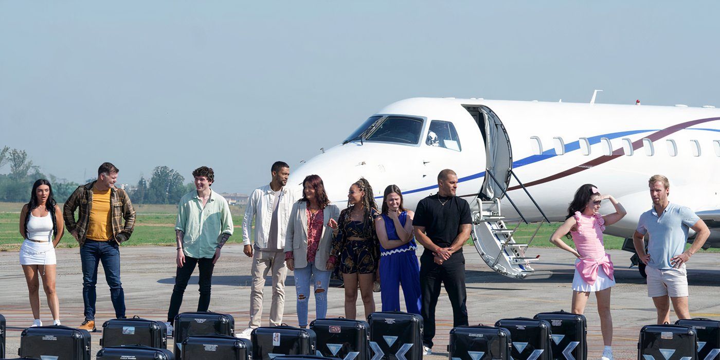 Destination X's cast standing around with suitcases on a tarmac.