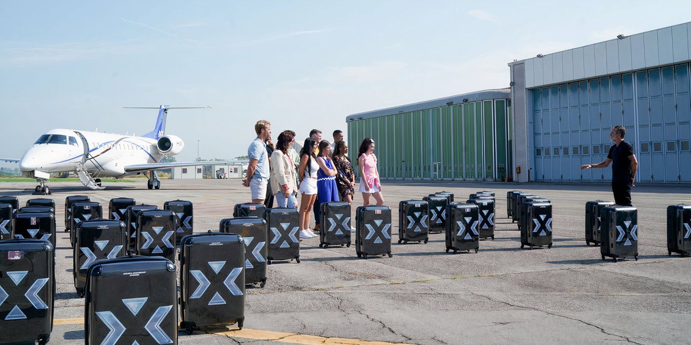 Destination X season 1&rsquo;s cast standing on a tarmac with host Jeffrey Dean Morgan.