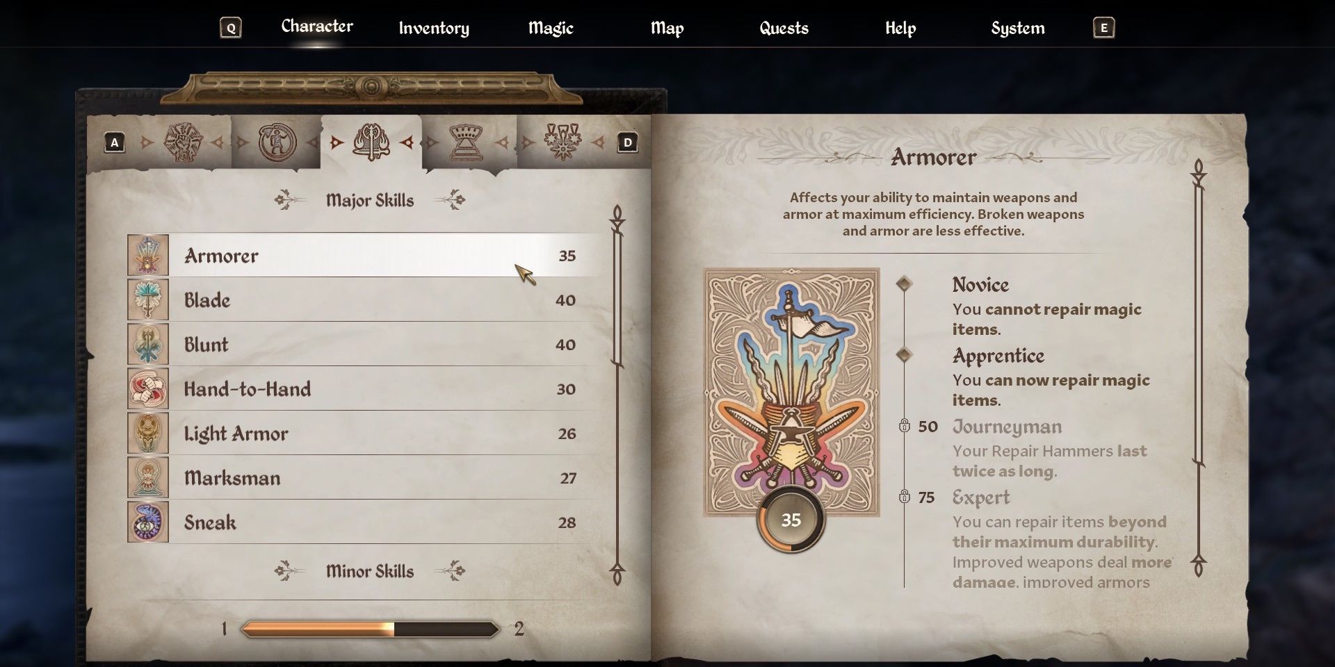 Details showing the Armorer skill in Oblivion Remastered