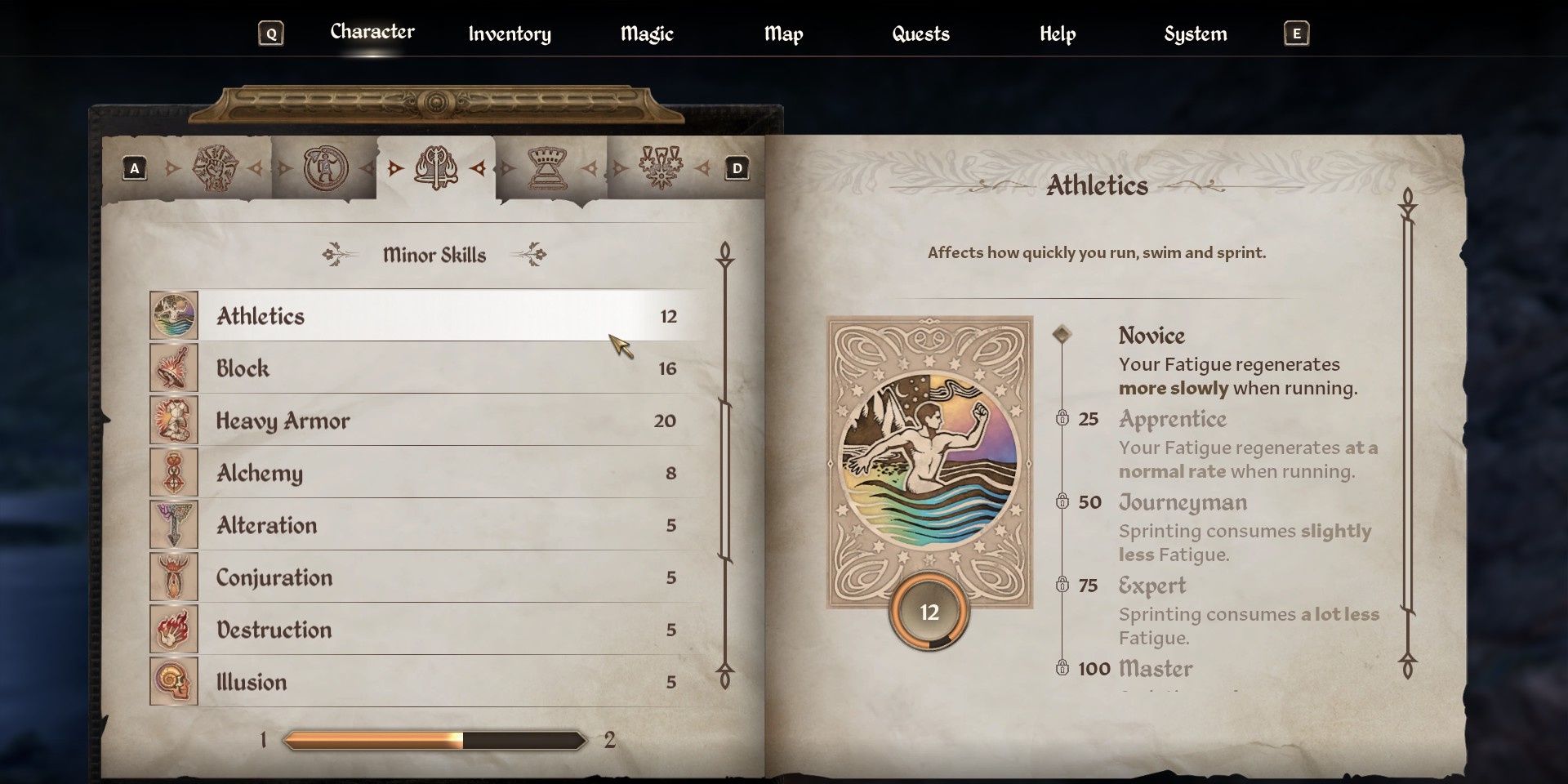 Details showing the Athletics skill in Oblivion Remastered