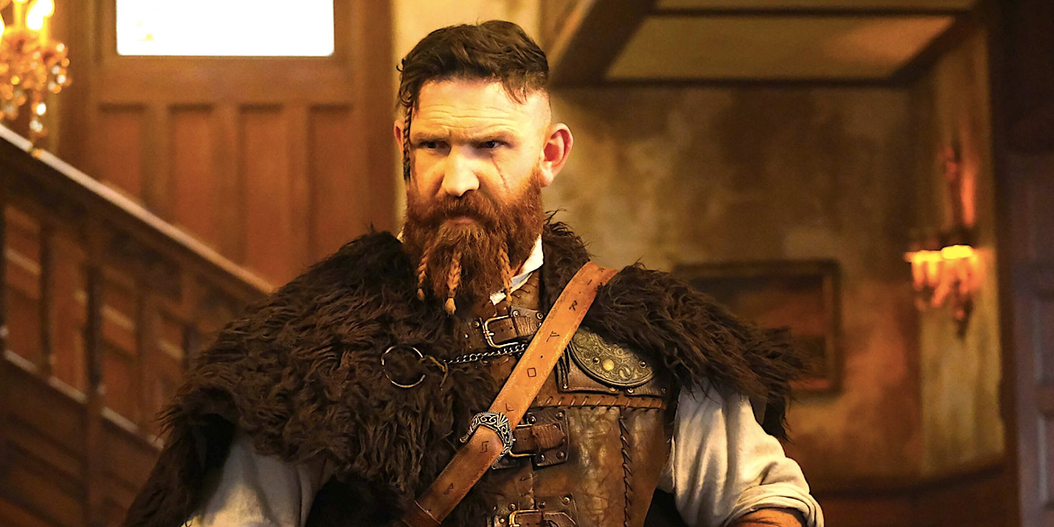 Devan Chandler Long&rsquo;s Thor frowns in the hallway from Ghosts season 4 episode 11