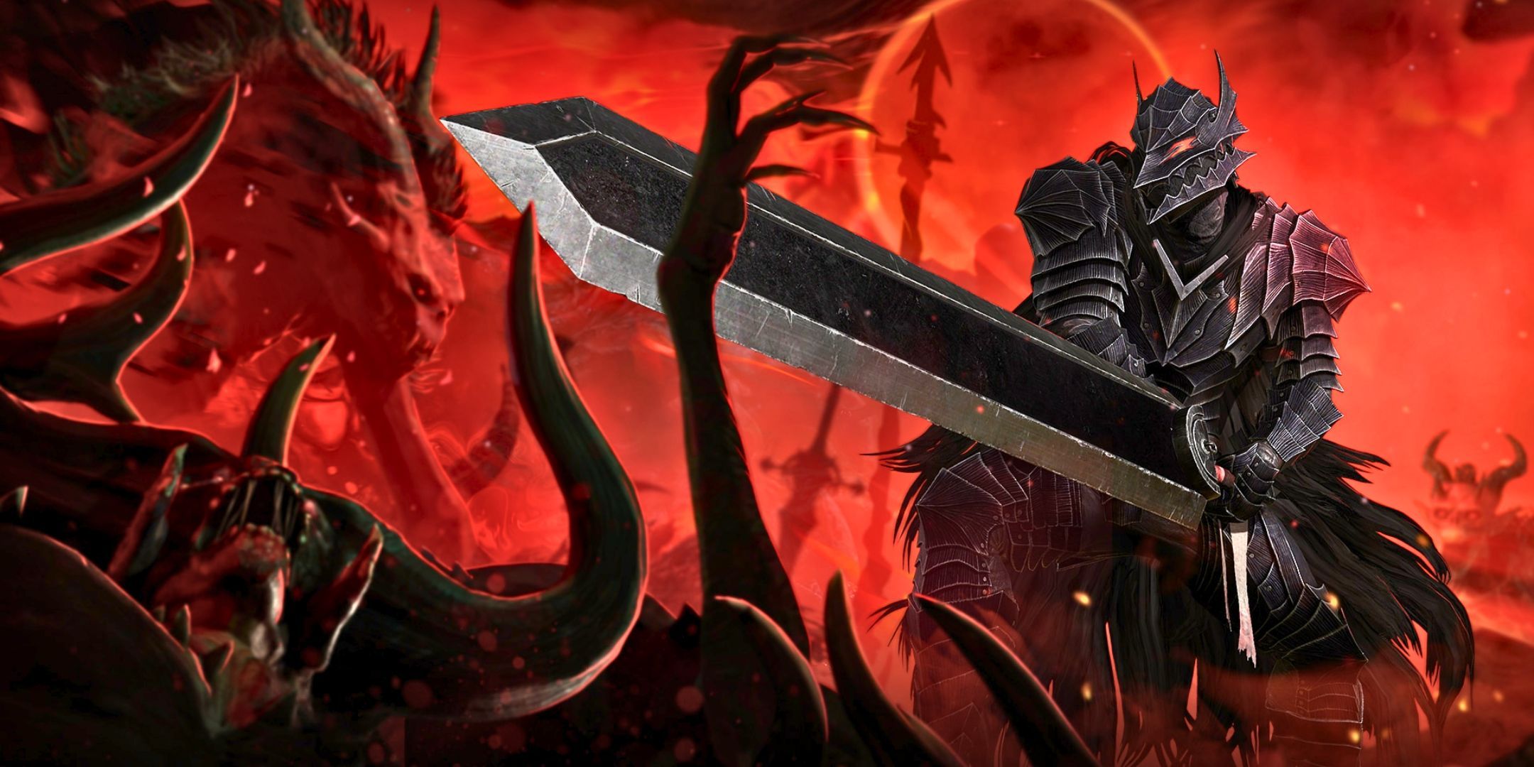 Diablo 4 and Immortal crossover event with Berserk key artwork showing the Barbarian Berserk armor holding a sword while facing enemies