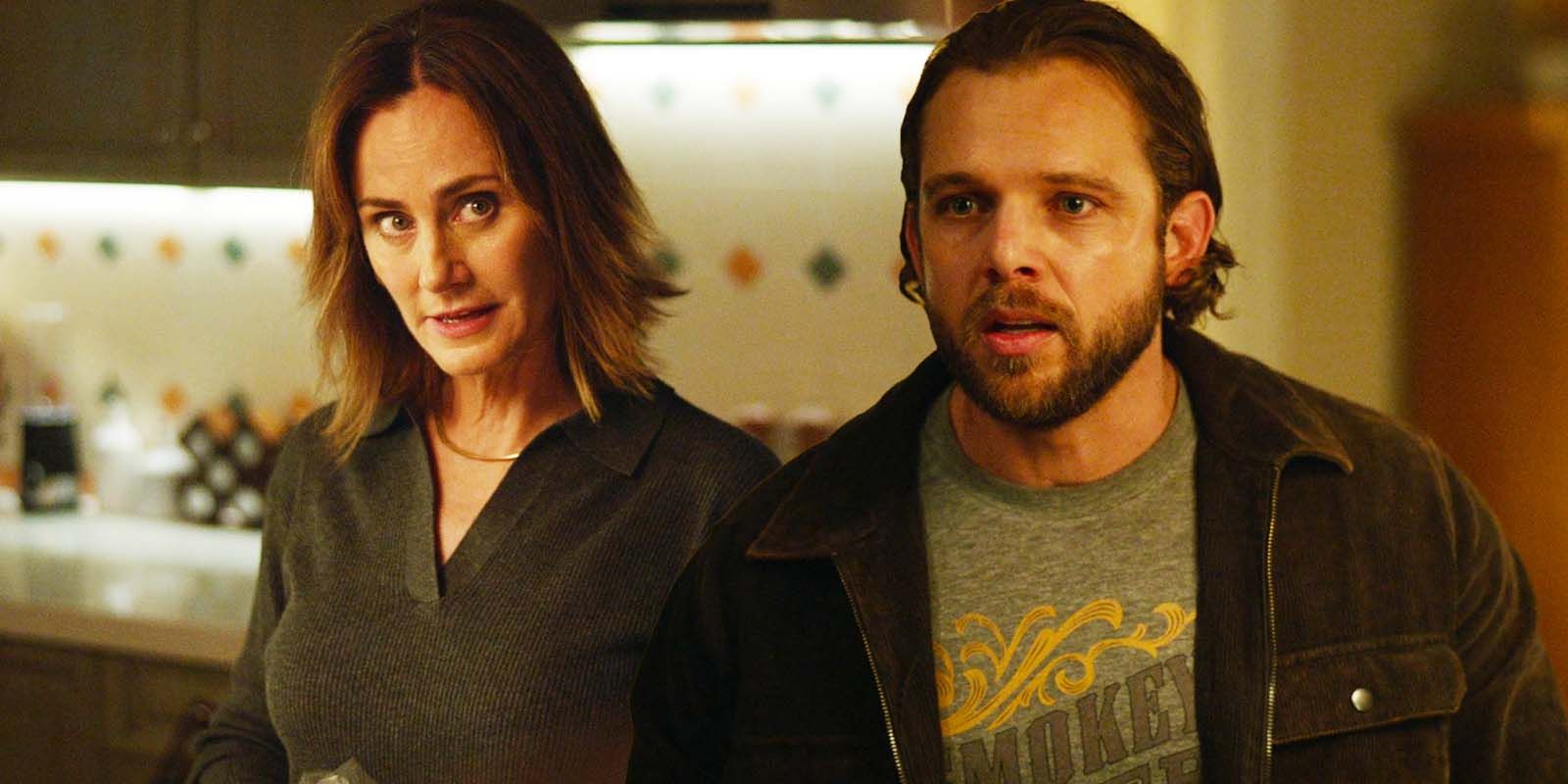 Diane Farr as Sharon Leone and Max Thieriot as Bode Leone in Fire Country season 3 episode 16