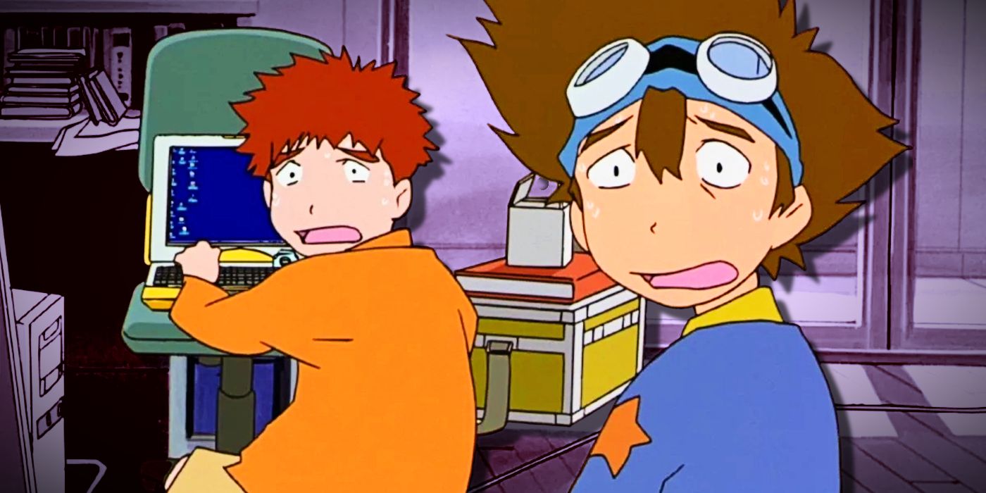 Tai and Izzy from Digimon: Our War Game, look shocked as they work on their computer.