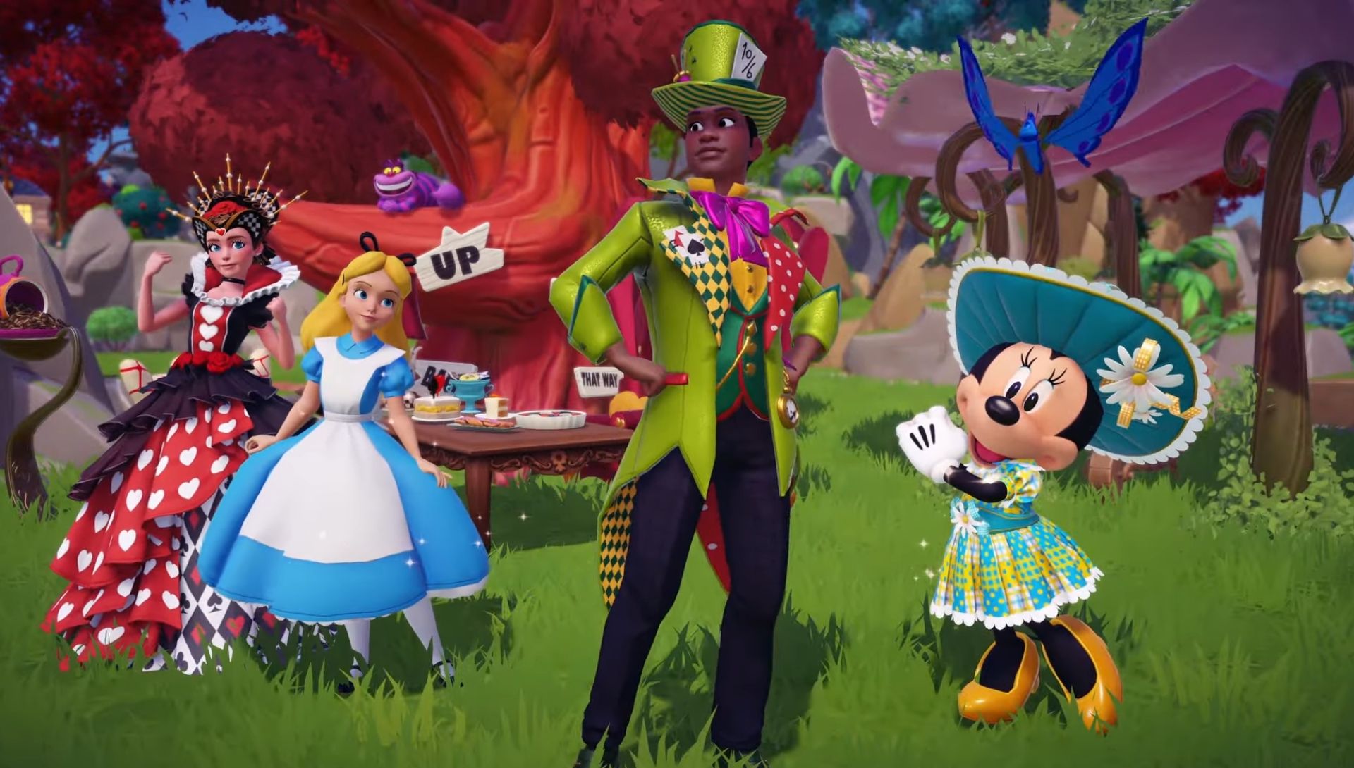 Alice, Minnie, and two players wearing Garden of Whimsy star path clothing in Disney Dreamlight Valley
