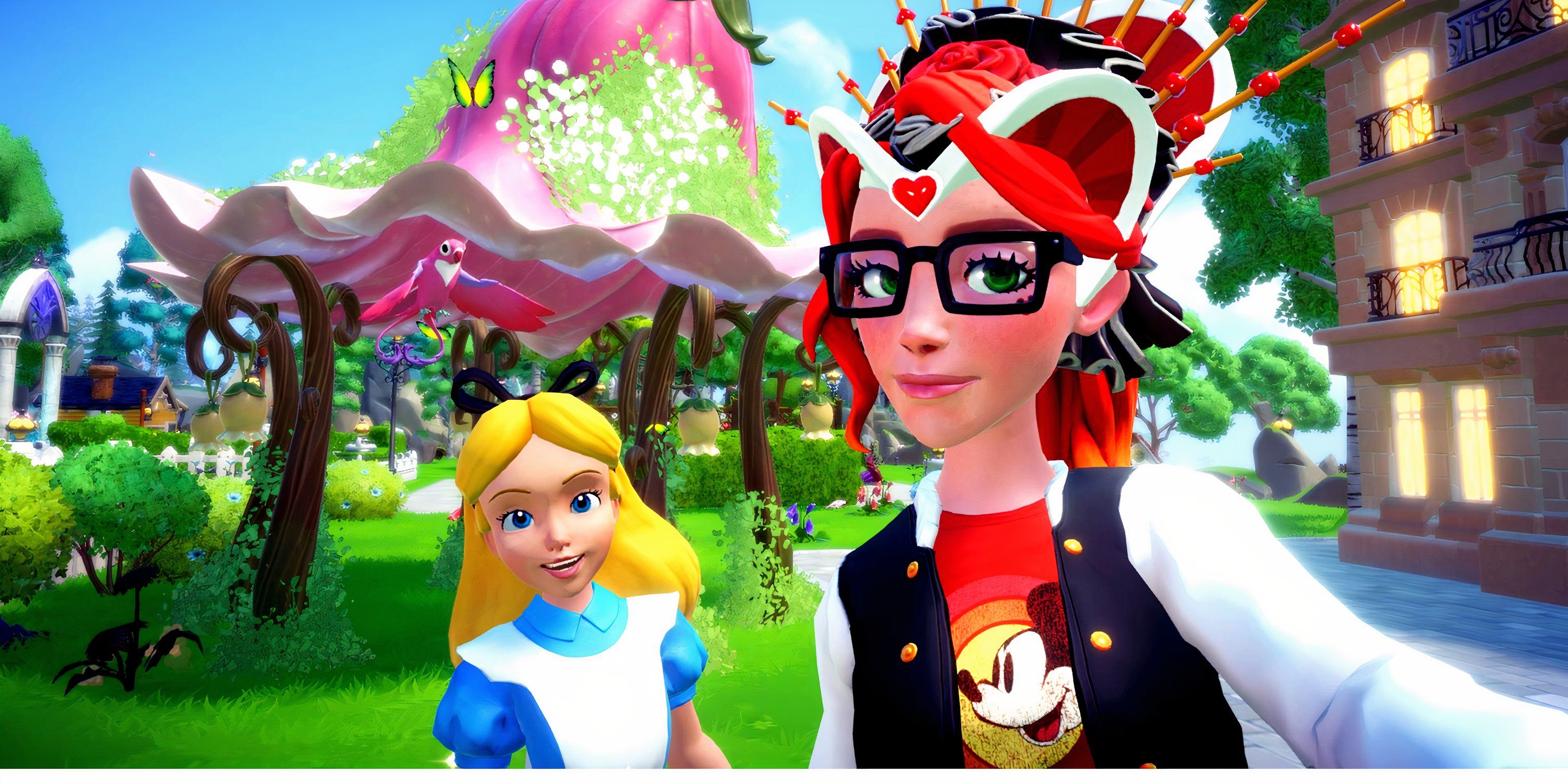 Disney Dreamlight Valley personaje posando con Alice frente a Garden of Whimsy Gazebo