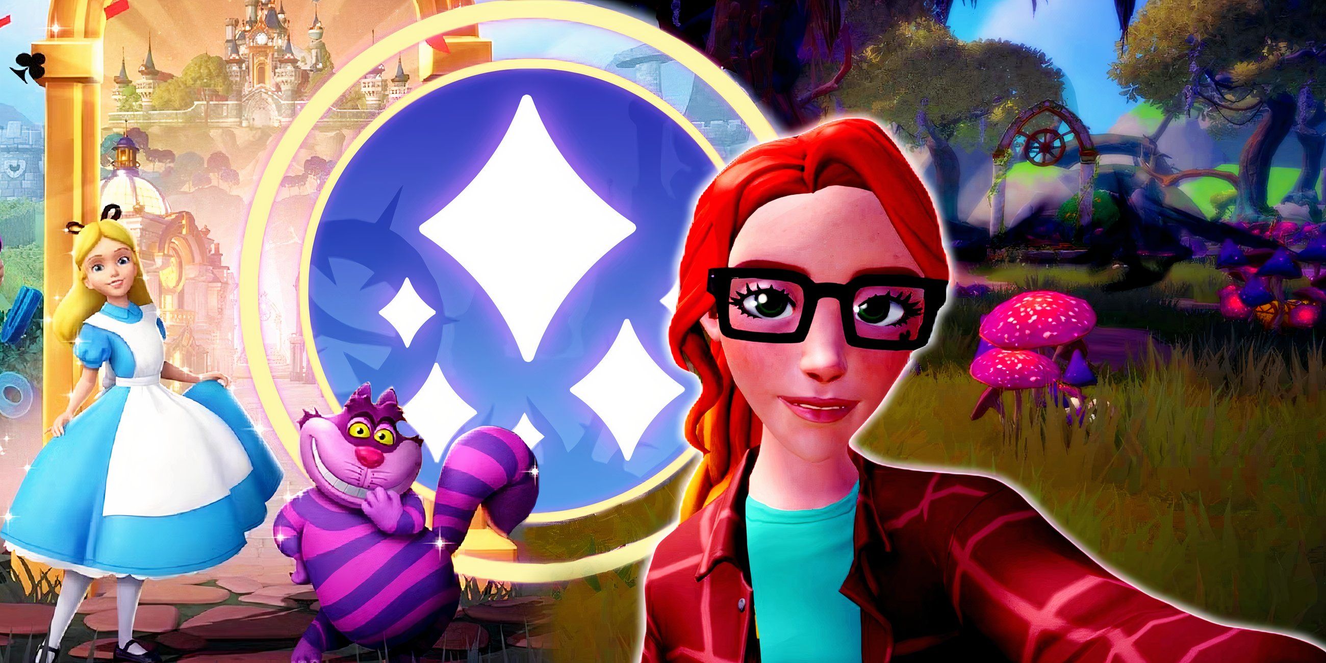 Disney Dreamlight Valley character with the symbol for dreamlight and characters from the wonderland whimsy update by their realm door