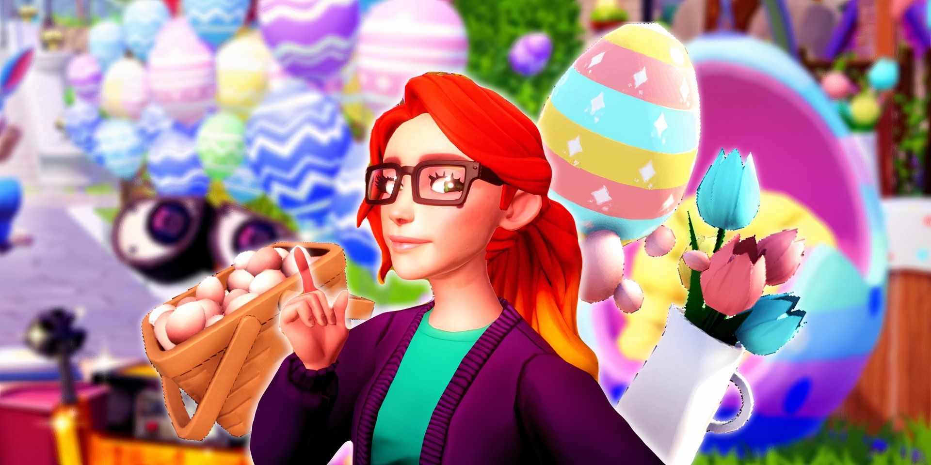 Disney Dreamlight Valley player pointing at Eggstravaganza event items