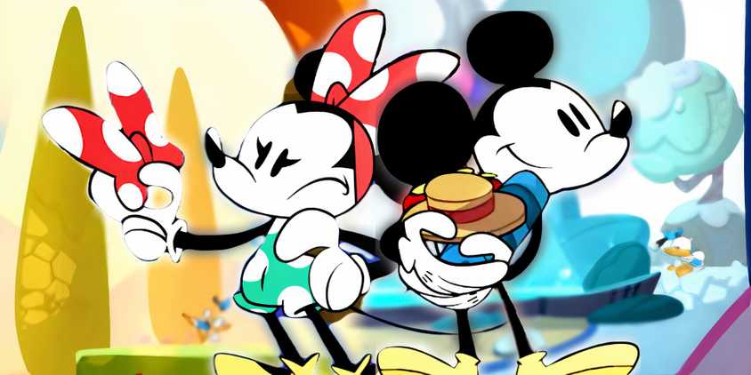 Disney Illusion Island mickey and minnie mouse standing side by side holding their belongings