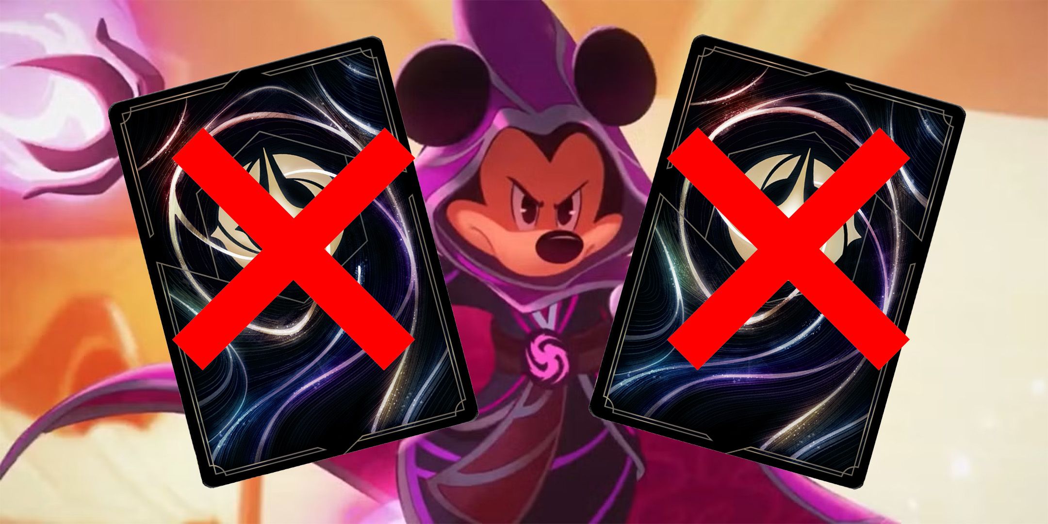 Two Disney Lorcana cards marked with red x&rsquo;s