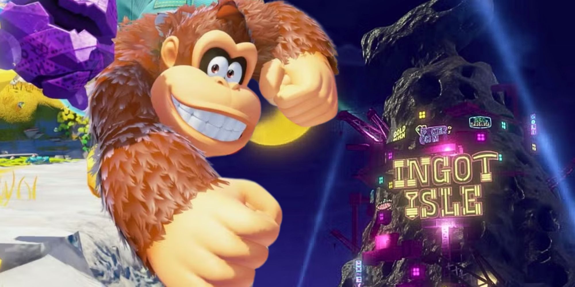Donkey Kong from Donkey Kong Bananza next to an image of Ingot Isle