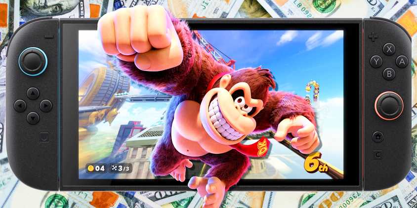 Donkey Kong jumping out of a Switch 2 with a background of $100 bills.