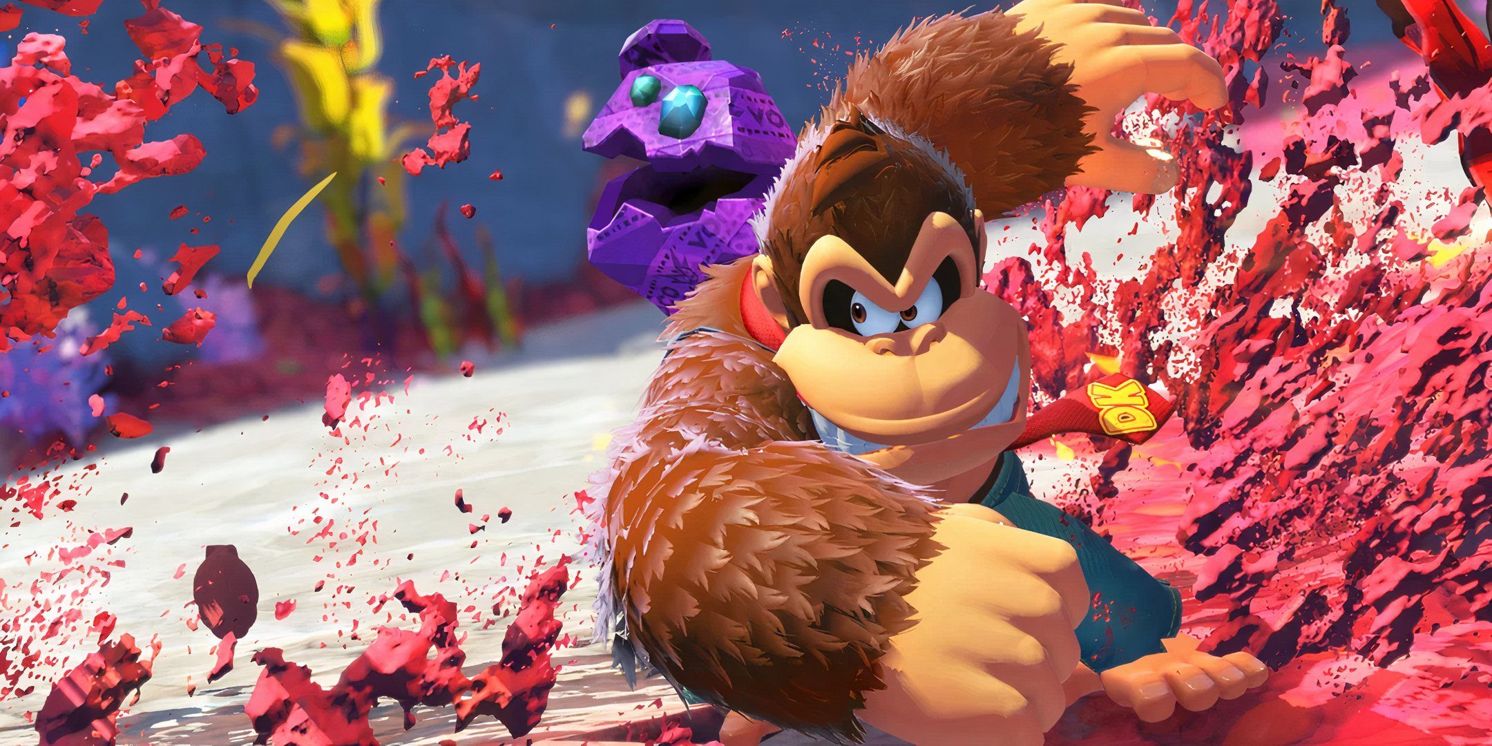Donkey Kong smashing ground with his new rock sidekick.