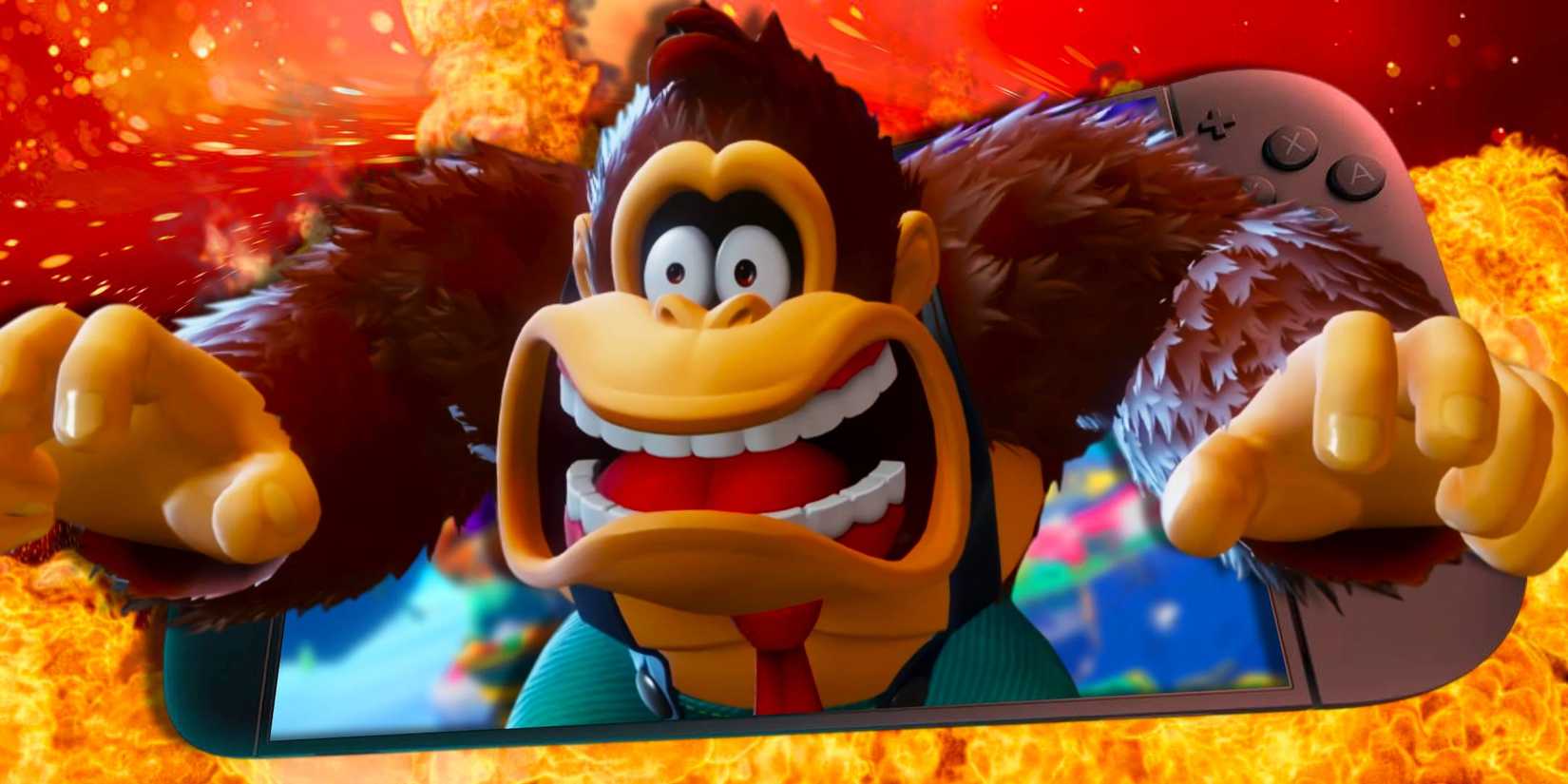 Donkey Kong looking shocked inside of a Nintendo Switch 2.