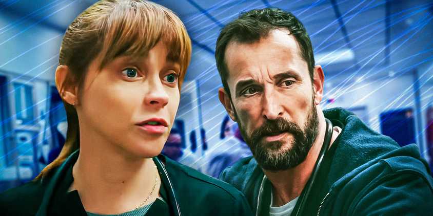 Dr. McKay (Fiona Dourif) and Dr. Robby (Noah Wyle) looking serious in front of a blue background in The Pitt