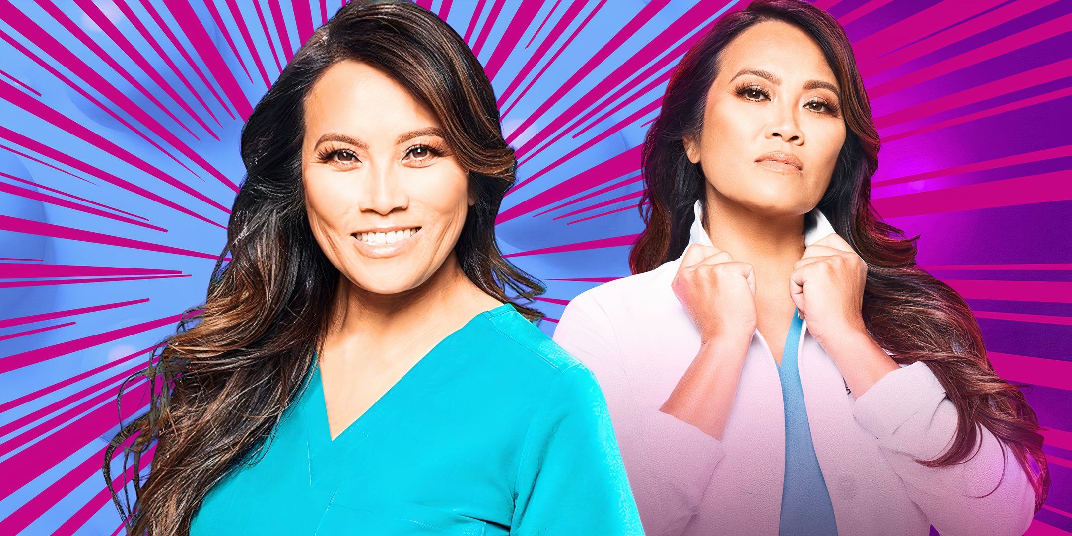 dr sandra lee from dr pimple popper breaking out in smiling and serious in montage with purple and background