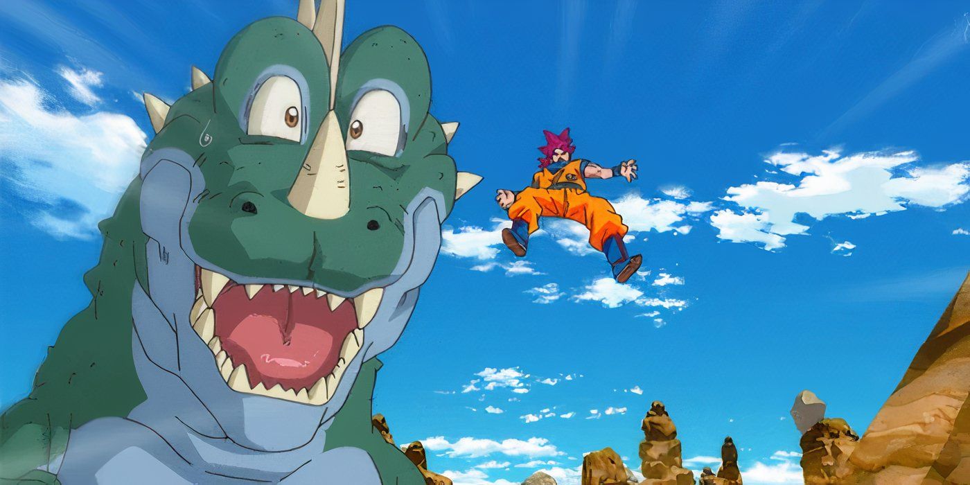 Goku flying past a shocked looking dinosaur in Dragon Ball Z: Battle of Gods.