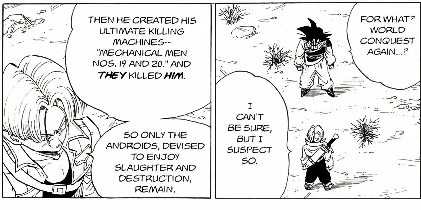 Trunks telling Goku about Androids #19 and #20 in the Dragon Ball manga.