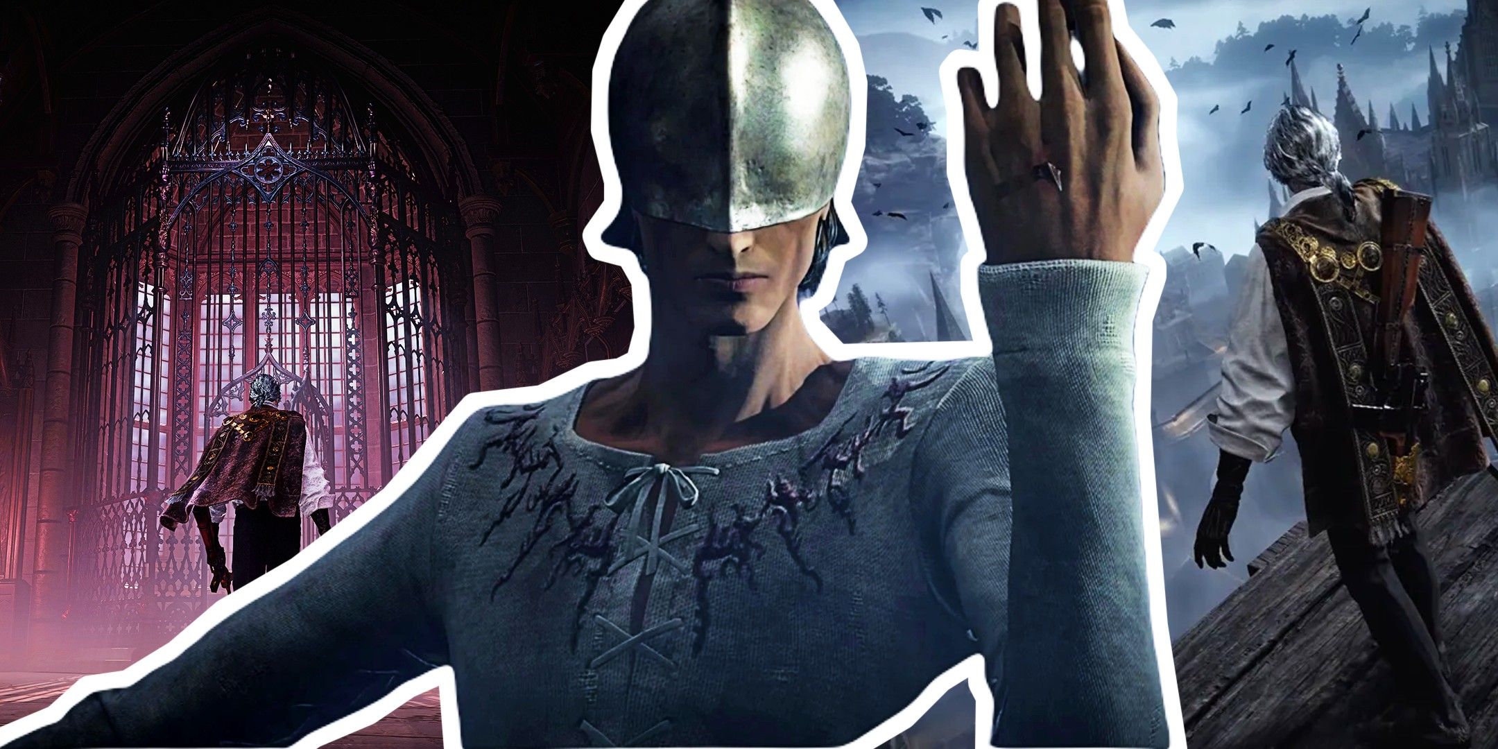 Duskbloods enemy in between two scenes of a player looking over cliffs