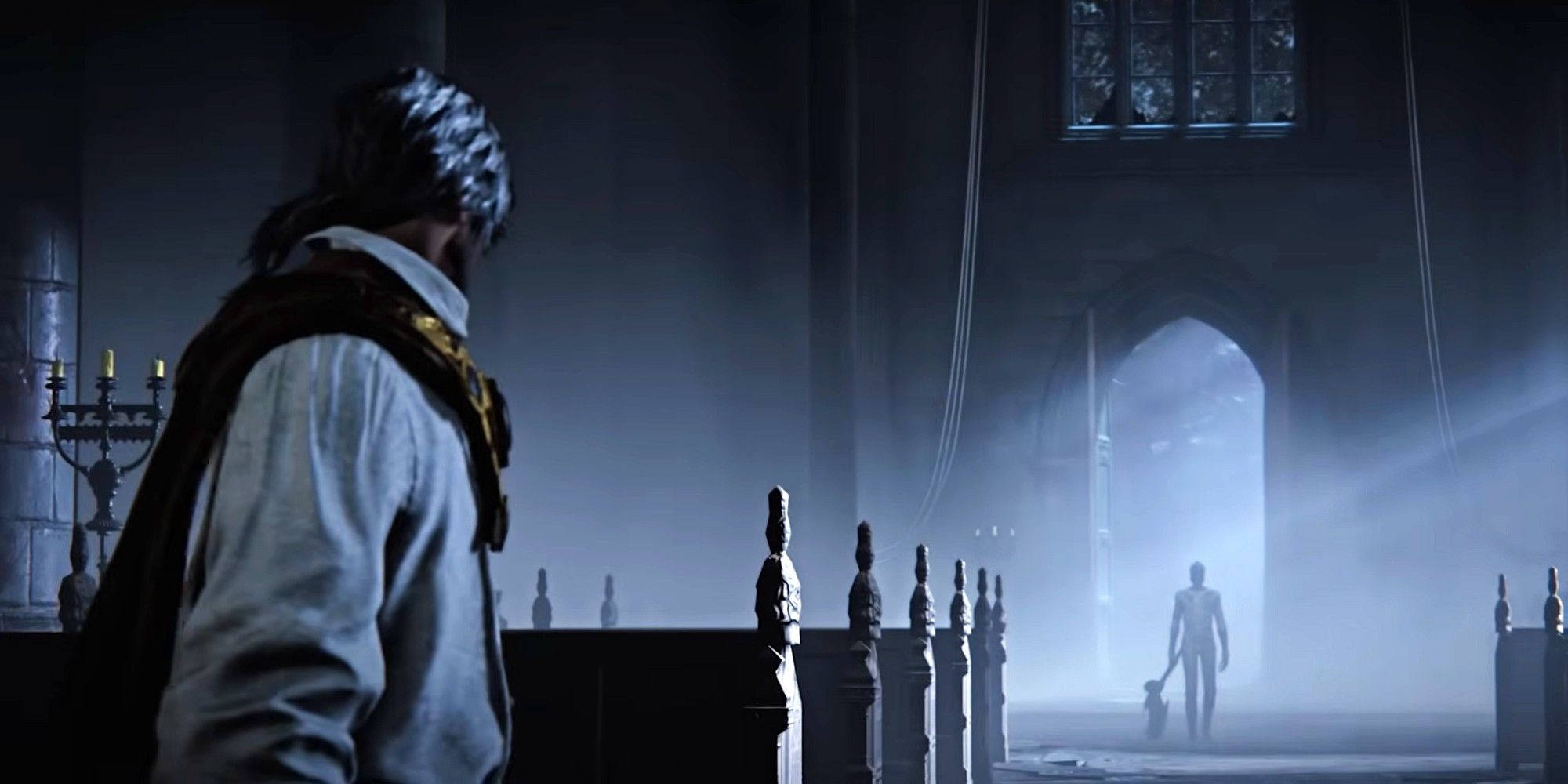 Duskbloods player looking down the way at someone at the doorway
