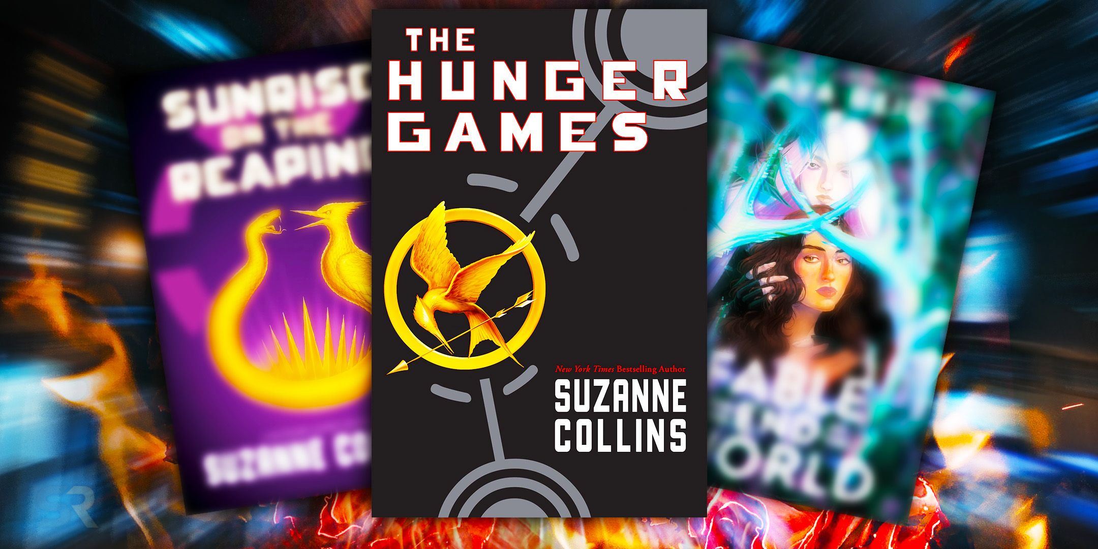 Book covers of Sunrise on the Reaping, The Hunger Games, and Fable for the End of the World