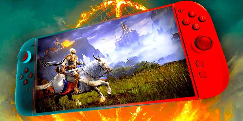 The Tarnished riding Torrent in a screenshot from Elden Ring, shown here on the screen of a Switch 2 over a fiery background showing the insignia of the Elden Ring.