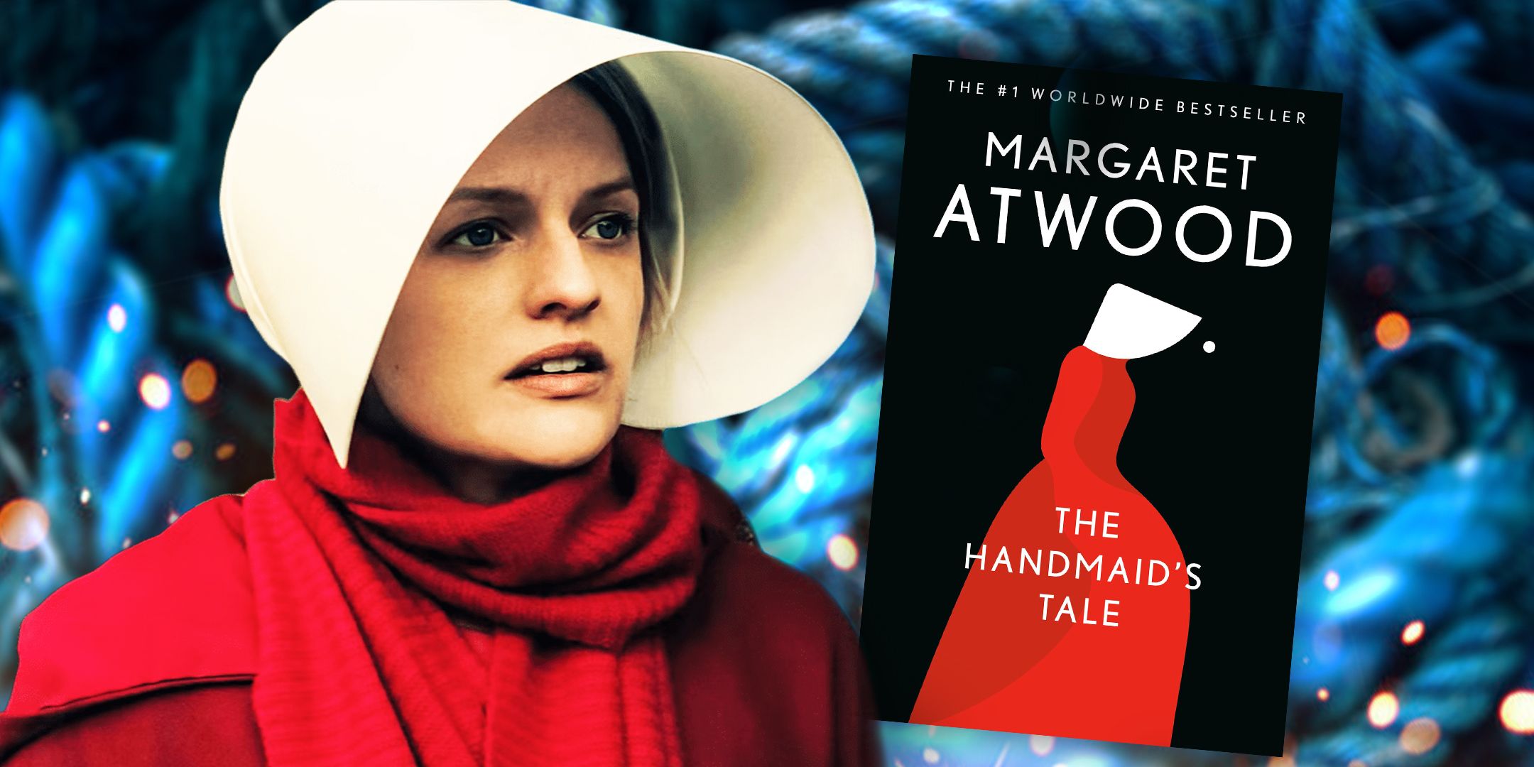 Elisabeth Moss as June from A Handmaid&rsquo;s Tale Next to the Book Cover