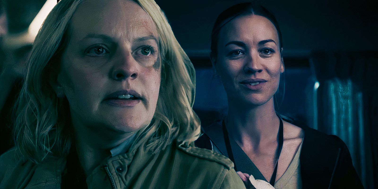 Elizabeth Moss as June Osborne and Yvonne Strahovski as Serena Joy in The Handmaid&rsquo;s Tale season 6 episode 1