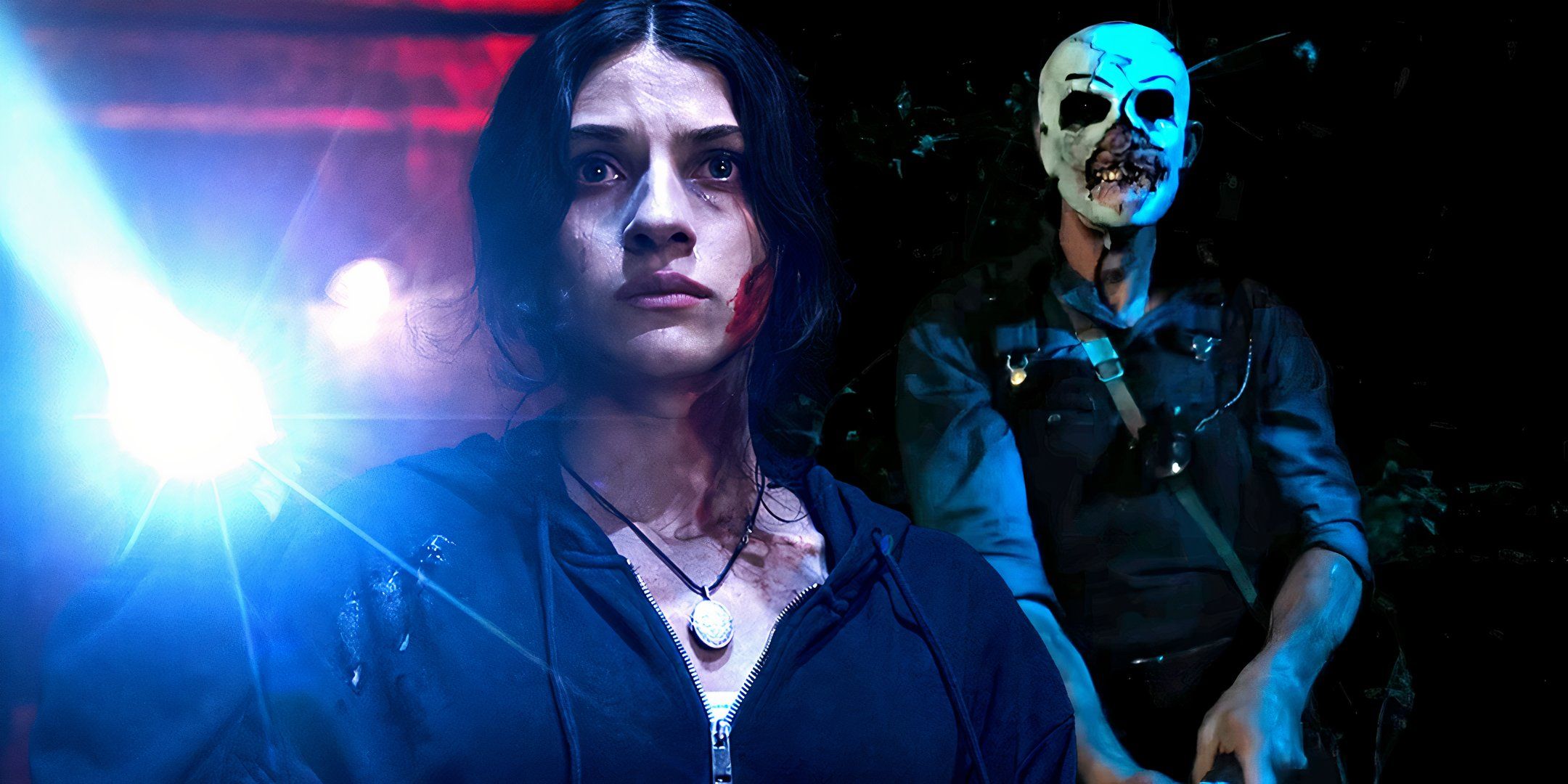 Ella Rubin as Clover looking worried holding a flashlight and the masked killer in Until Dawn