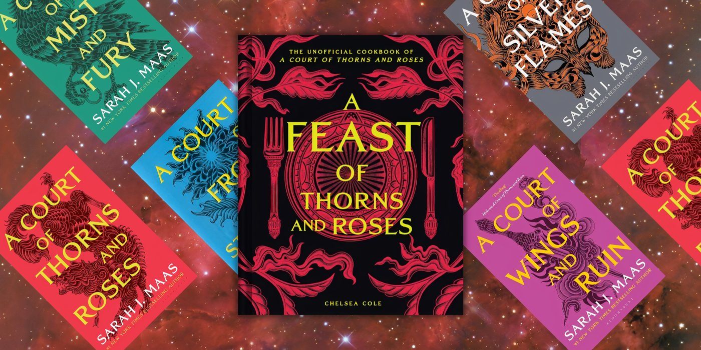 A Feast of Thorns and Roses Cookbook surrounded by ACOTAR series book covers