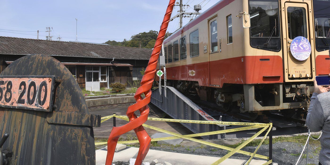 Evangelion&rsquo;s Spear of Longinus featured at the Tenryu Futamata Station in Japan.