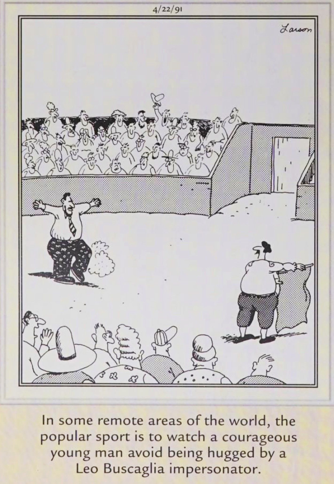 Far Side, April 22, 1991, a bullfighter faces off against a man instead of a bull