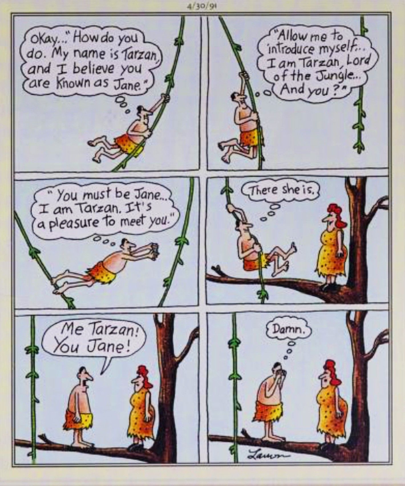 Far Side, April 30, 1990, Tarzan forgets the speech he planned to woo Jane