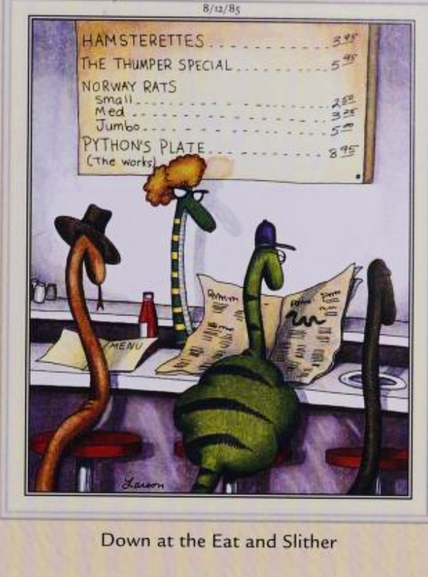 Far Side, August 12, 1985, snakes at a diner