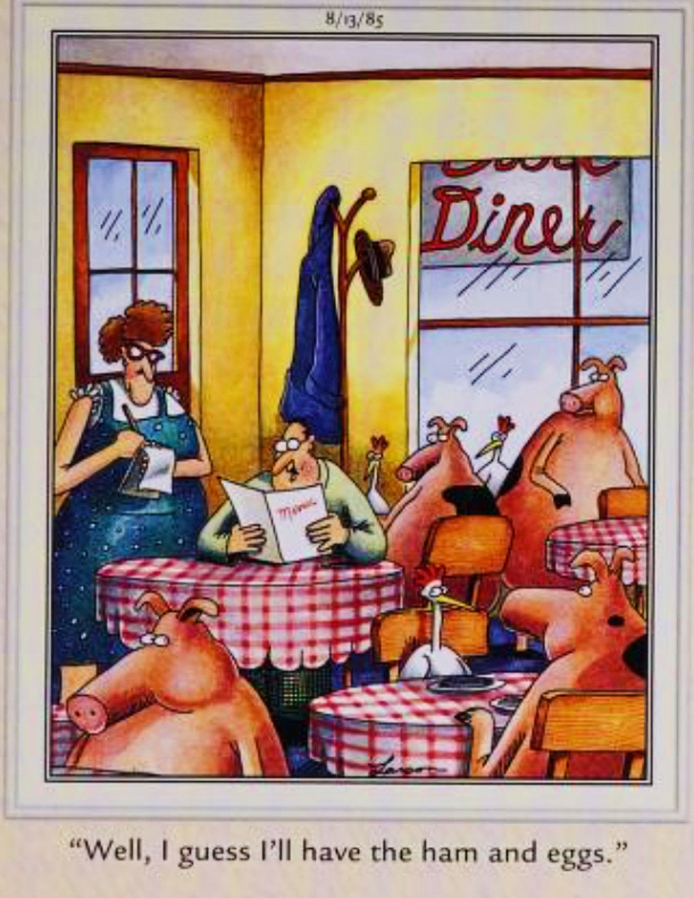 Far Side, August 13, 1985, a man at a diner full of pigs orders ham and eggs