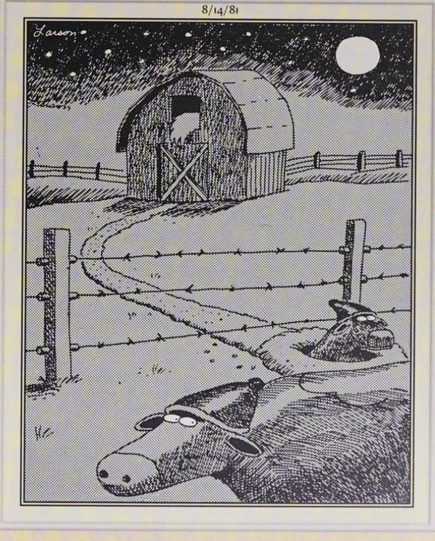 Far Side, August 14, 1981, cows tunneling to freedom away from the farm