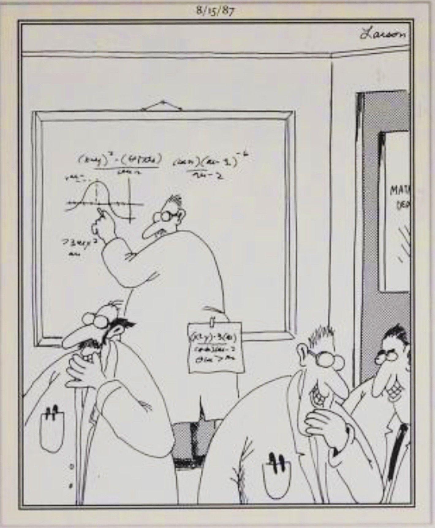 Far Side, August 15, 1987, scientists stick an equation to a colleagues' backside
